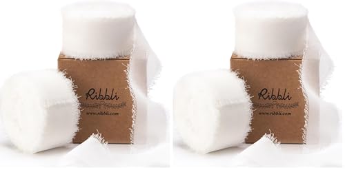 Ribbli White Chiffon Ribbon 1 Inch x 20 Yard Handmade Fringe Chiffon Silk Ribbon White Ribbon for Gifts Wrapping, Wedding Invitations, Bridal Bouquets, Flower Arrangement (Pack of 2) - color: White, size: 1 inch (Pack of 2)