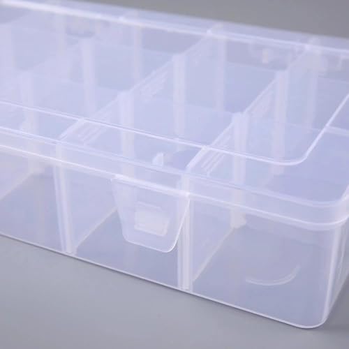 2 Pack Plastic Organizer Box with 14 Removable Dividers,15-Compartment Clear Storage Box for Crafts, Beads, Jewelry & Small Parts (10.5x6.5x2.2 Inches)