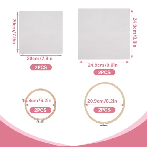 4 PCS Embroidery Fabric with Frame 2 Sizes, 4 Bamboo Embroidery Hoops and 4 Pre-Cut White Cotton Fabric Squares, Cross Stitch Hoops and Frames, for Art Craft Sewing