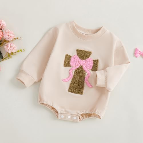 Newborn Baby Girl Clothes Cross Bow Embroidery Bubble Romper Pullover Sweatshirt Fall Winter Outfits 0-18M - color: Apricot, size: 12-18 Months