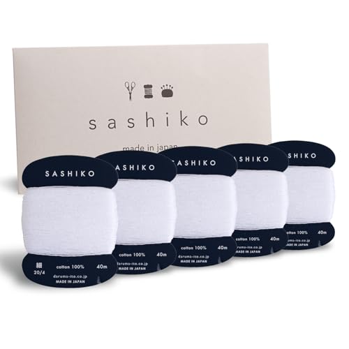 DARUMA Sashiko Thread 100% Cotton Card Type (43.7 yd) x 5pcs with English Manual, Sewing & Embroidery Value Set with Gift Package(White) - color: White