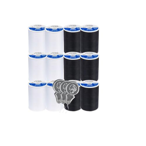 Coats & Clark Dual Duty All Purpose Sewing Thread 230A 400 Yards Each Spool 12 Pack Bundle with Bella's Crafts Needle Threaders (White Black) - color: White Black