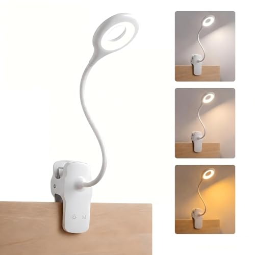 LACOKI Clip on Rechargeable Reading Light for Bed, 3 Color x 3 Brightness 28 LEDs Desk Light, Eye-Caring Desk Lamp with Clamp for Headboard, Table, Desk