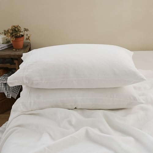 100% French Linen Pillowcases with Embroidery - Pack of 2 - Washed Solid Color Natural Flax Soft Breathable - White, 20'' x 30'' - color: White, size: 20''x30'' - Embroidery