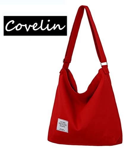 Covelin Women's Retro Large Size Canvas Shoulder Bag Hobo Crossbody Handbag Casual Tote - color: Red