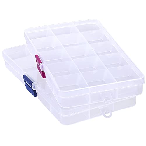 Bead Organizer Box, 2PCS 15 Compartment Craft Storage Container with Removable Divider, Plastic Empty Case for Jewelry Rhinestone Charms Crystal Press On Fake Nail, Hair Stuff Small Accessory - color: 2PCS-Blue Buckle & Red Buckle, size: Small-6.7” x 3.7“