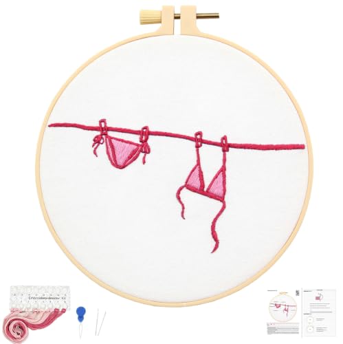 Crafmanoe Easy Hand Embroidery Kits for Adults Beginners, Embroidery Starters Kits, Pink Bikini Stamped Cross Stitch Kits Needlepoint Kits for Beginners Adults, Embroidery Hoop, Thread, Video Tutorial - color: H2124, size: 6.3Inch