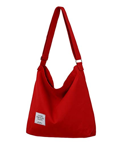 Covelin Women's Retro Large Size Canvas Shoulder Bag Hobo Crossbody Handbag Casual Tote - color: Red