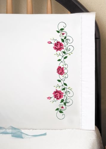 Tobin Stamped Pillowcases, Rose Vine, 20" x 30" Embroidery Kit, Pink