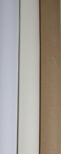 KCS 3 pc of 15" x 18"(38cmx45cm) 14 Count Cross Stitch Cotton Aida Cloth Needlework Rolled Fabric Box,14CT,White+Antique White+Khaki - color: White+antique White+khaki, size: 14CT