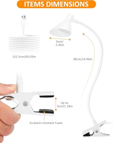 Clip on Light USB Reading Light for Bed with Clamp, Dimmable Reading Lamp - color: White