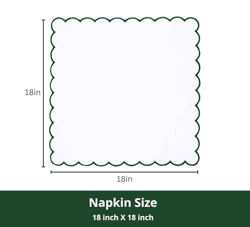 PurpleEssences Scalloped Cloth Napkins 18x18 in - White Edges Forest Green - color: White(edges- Forest Green)