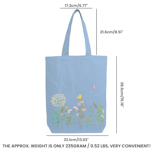 CREAWONDER Canvas Tote Bag Embroidery Kit with Pattern for Beginners, Arts and DIY Embroidery Crafts Kits for Adults, Include Instructions, Embroidery Hoops, Color Threads and Tool - color: CR002 banmeng lightblue