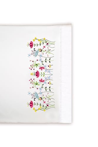 Tobin Stamped Pillowcases, Cats in Flowers, 20" x 30" Embroidery Kit, white