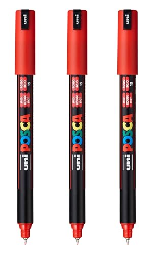 posca PC-1MR Water-Based Paint Markers, Extra Fine Tip (0.7mm), Red, 3 Count - color: RED