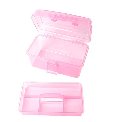 Multipurpose Plastic Storage Container Organizer Box Case with Removable Tray and Handle for Art, Craft, Sewing Supplies, Clear&Pink - color: clear/pink