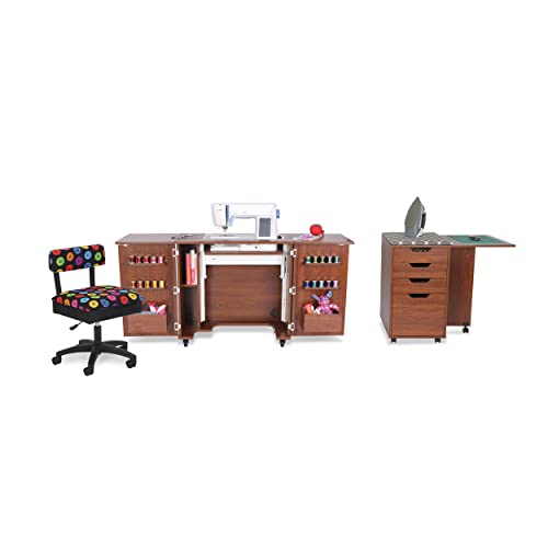 Kangaroo Kiwi Sewing Storage Rolling Caddy and Ironing Station – Mobile Craft Storage Cabinet with Ironing Surface & Shelves - color: Teak