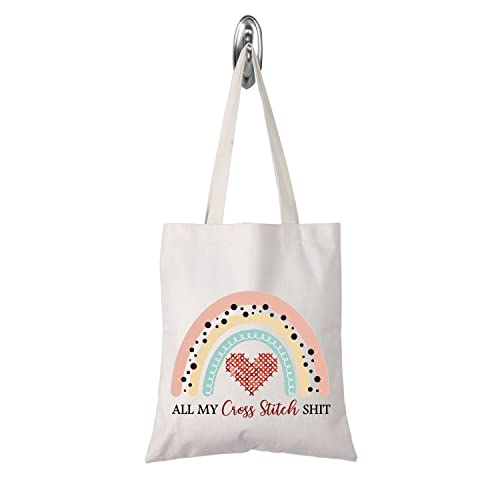 TSOTMO Cross Stitch Lover Gift All My Cross Stitch Shit Boho Rainbow Design Cross Stitch Accessories Tote Bag