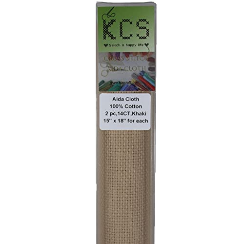 KCS 2 pc of 15" x 18" Counted Cross Stitch Cotton Aida Cloth Needlework Fabric (Khaki, 14CT) - color: Khaki, size: 14CT