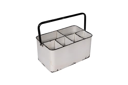 Creative Co-Op Metal Caddy with 6 Compartments, Handle, and Distressed Enamel Finish, White and Black - color: White and Black