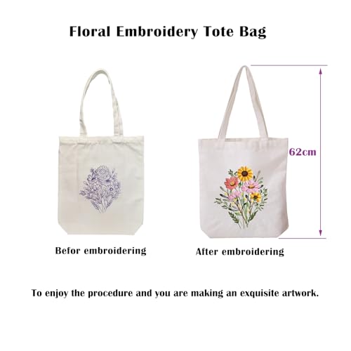 Vigdit Canvas Tote Bag Embroidery Kit for Beginners, Needlepoint Cross Stitch Kit for Adult Beginner, DIY Reusable Grocery Bags Embroidery Starter Kit with Stamped Floral Tools & Instructions - color: Flower2
