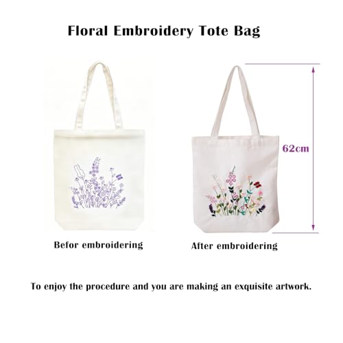 Vigdit Canvas Tote Bag Embroidery Kit for Beginners, Needlepoint Cross Stitch Kit for Adult Beginner, DIY Reusable Grocery Bags Embroidery Starter Kit with Stamped Floral Tools & Instructions - color: Flower4