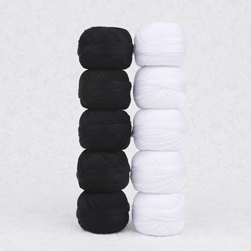 Size 8 Double Mercerized Egyptian Long Staple Cotton Pearl Thread Ball 10 Grams 87 Yards Embroidery Thread 10 per Box for Crochet Hardanger Cross Stitch Hand Embroidery (Set Black and White) - color: Set black and white