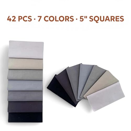 Gray Solid Cotton Fabric Charm Pack 5" x 5" Precut Quilt Squares, 42 Pcs (7 Shades x 6 Each), Neutral Quilting Fabric for Patchwork Sewing Crafts - color: Gray, size: 5 inch x 5 inch