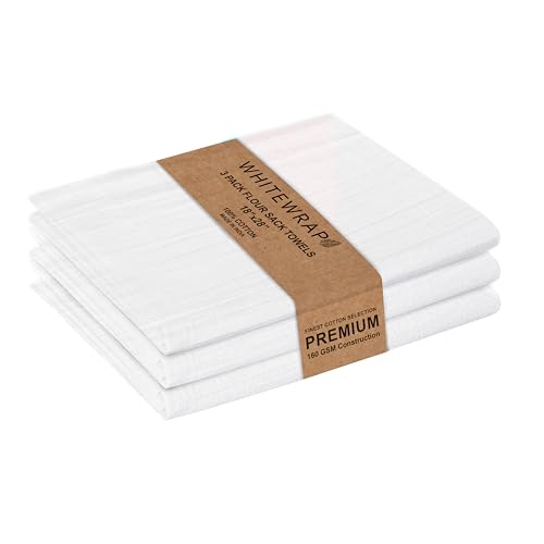 WHITEWRAP Flour Sack Towels 18x28 – 100% Cotton (Pack of 3), Reusable Kitchen Tea Towels for Baking, Crafts, Embroidery Ideas - color: White, size: 18"x28"- Pack of 3