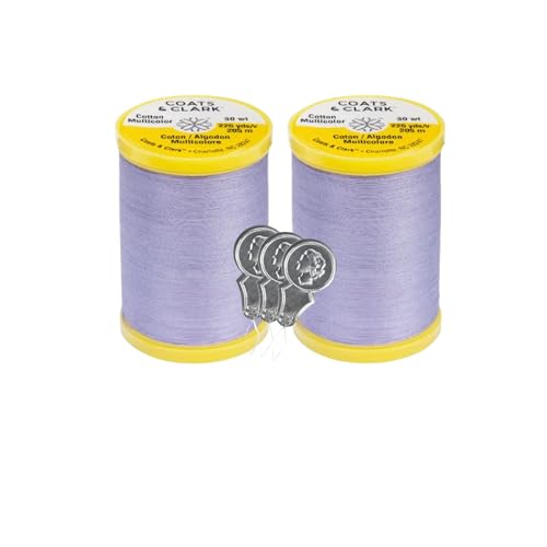 Coats & Clark Cotton All Purpose Sewing Thread 100% Mercerized Cotton 225 Yards Each Spool S970 2 Pack Bundle with 3 Bella's Crafts Needle Threaders (Lilac) - color: Lilac