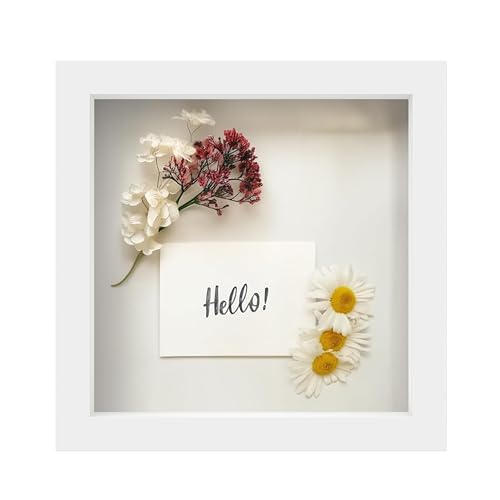 FrameWorks 8” x 8” White Wooden Shadow Box Frame – Display Case with Soft Felt Back, Memory Box with Tempered Glass, Display Box with Elegant White Ball Push Pins, Wooden Flower Box - color: White, size: 8"x8"
