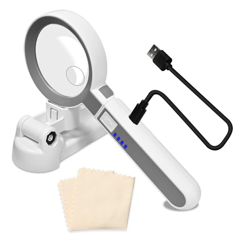 TECHSHARE 6X Rechargeable Magnifying Glass with 16 LED Light, Foldable Handheld Stand, Lightweight LED Magnifier for Reading Books/Newspaper/Small Print, Gifts for Mom Dad Grandma Grandpa Seniors - size: 6X-11.5X