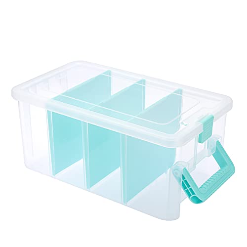 BTSKY Clear Plastic Dividing Storage Box with 4 Deep Compartment Sewing Box - size: 13.9x7.9x6.2 Inches-Clear
