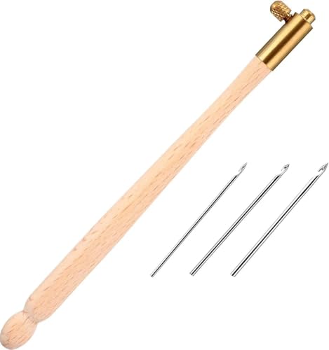 WQAPVHBG Tambour Hook Embroidery, 5.39in Tambour Embroidery Needle with 3 Needles, Tambour Beading Kit with Wood Handle for Crocheters to Sew, Embroidery, Bead and Handcrafted Crafts