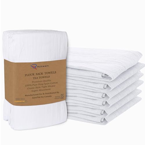 RUVANTI Flour Sack Towels 6 Pack 28”x28”, 100% Cotton Ring Spun – White - color: White, size: 6 Pack