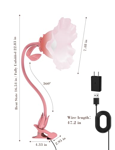Flower Clip On Desk Lamp for Home and Dorm - Cute Floral Clip On Bedside Book Reading Light, Pink Flower Bunk Bed Lighting, Kawaii Led Flexible Gooseneck Table Lamp for Headboard with Clamp - color: Pink