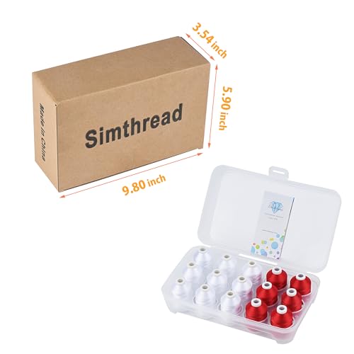 Simthread Machine Embroidery Thread 1000M White 001 + Red 800, with Storage Box Polyester 15 Spools Set for Embroidery Quilting Machine - color: 9White+6Red