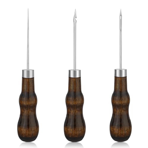 ZXIIXZ 3 Pcs Sewing Awls, Leather Scratch Hollow Hook Awl Tool Kit - color: 3 Pcs Brown (Scratch Hollow Hook)