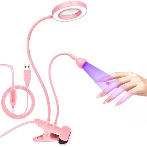 AORAEM LED UV Nail Lamp with Double-Head and 6X Magnifier, Pink - color: Magnifier-Pink