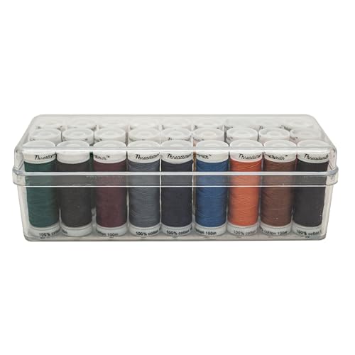 Threadsmith - 50 WT Cotton Thread Set – 27 Spools, 100 Meters Each – 3-Ply Mercerized Egyptian Cotton – Premium Sewing Thread in Reusable Box
