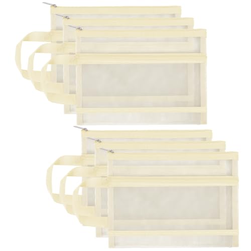 6 Pack Mesh Zipper Pouch Bags, Double Layer Nylon Pouch with Handle for Office Travel Organization (Beige, A5) - color: Beige, size: A5