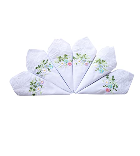 6 Pack of Ladies Embroidery Cotton Handkerchiefs Lace Wedding Hankies - color: Floral