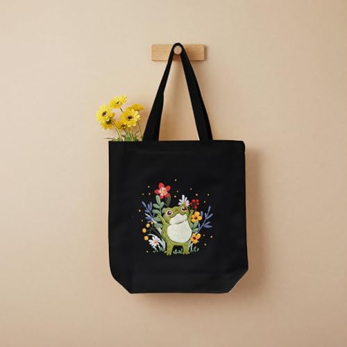 ERKOON Canvas Tote Bag Embroidery Kit for Beginners, Needlepoint Arts Crafts Cross Stitch Kits for Adults Including Stamped Embroidery Bag with Hoops, Needle, Instruction and Color Threads (Frog) - color: Frog