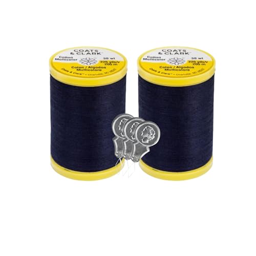 Coats & Clark Cotton All Purpose Sewing Thread 100% Mercerized Cotton 225 Yards Each Spool S970 2 Pack Bundle with 3 Bella's Crafts Needle Threaders (Navy) - color: Navy