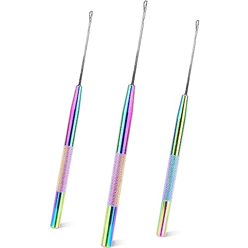 NEWISHTOOL Stainless Steel Hair Extensions Loop Needle Pulling Hook Tool, 3 PCS Micro Needle Threader Wire Pulling Loop Hook Tools for Silicone MicroLink Beads Rings and Feathers Extensions - color: Rainbow, size: Pulling Hook