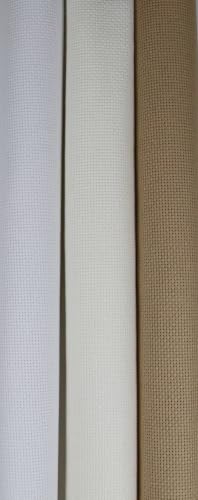 KCS 3 pc of 15" x 18"(38cmx45cm) 18 Count Cross Stitch Cotton Aida Cloth Needlework Rolled Fabric Box,18CT,White+Antique White+Khaki - color: White+antique White+khaki, size: 18CT
