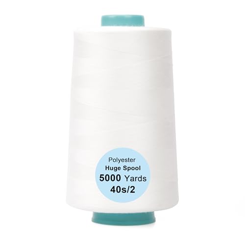 Single Huge Spool 5000 Yards Each Polyester Quilting Thread Machine Embroidery Thread 40S/2 for Commercial and Domestic Sewing Machines (White) - color: White