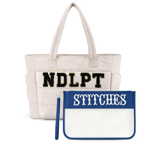 RF REENFAYA Needlepoint Tote Bag & Clear Zipper Pouch—Puffy Craft Organizer - color: Beige/Navy