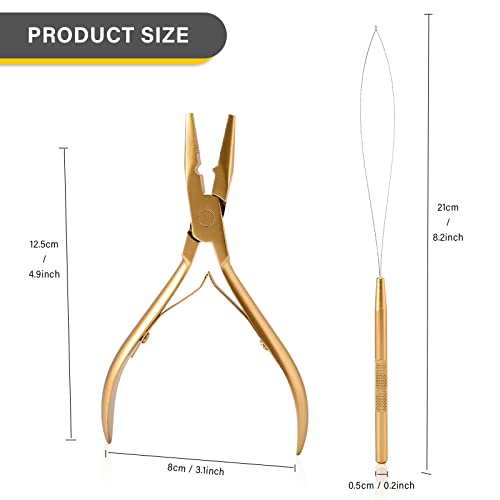 Gomake Hair Extensions Closed and Remover Pliers set, Micro Silicone Rings Beads Hair Extensions Loop Needle Threader Pulling Hook Tool and Bead Device Tool for Hair or Feather Extensions (Gold) - color: Gold