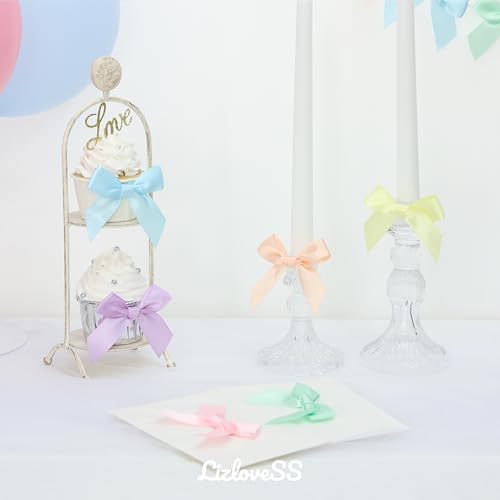 Pre-Tied Pastel Rainbow Satin Ribbon Bows for Crafts 3", 6 Colors - color: Pastel